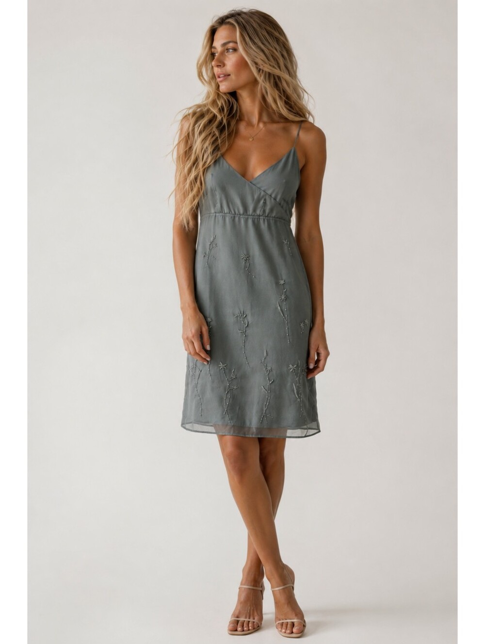 Vintage 100% Silk Relativity Embroidered Slip Dress Sage Sheer Overlay Y2k Small